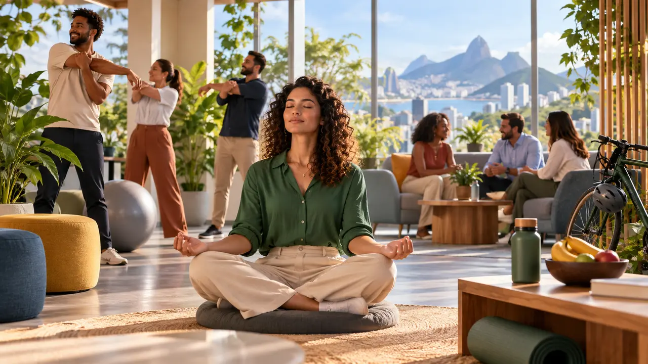 Ilustração de mulher meditando em um ambiente de trabalho, com pessoas se alongando e conversando ao fundo.