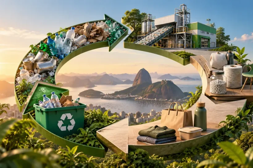 Ilustração de setas circulares conectando materiais recicláveis, fábrica, produtos e lixeira de reciclagem.