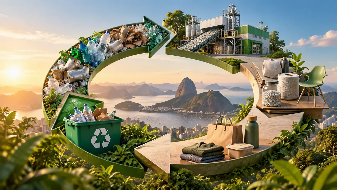 Ilustração de setas circulares conectando materiais recicláveis, fábrica, produtos e lixeira de reciclagem.