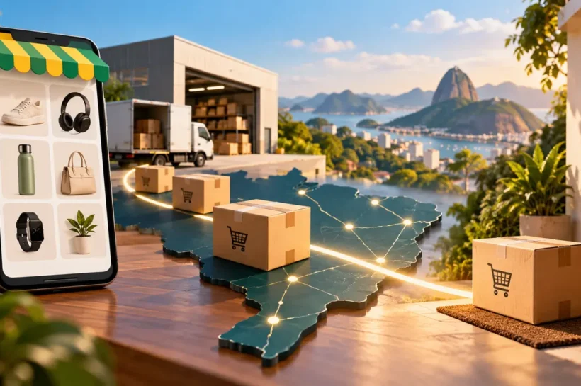 Ilustração de vitrine no celular, caixas de encomendas, depósito e mapa do Brasil com rotas de entrega.