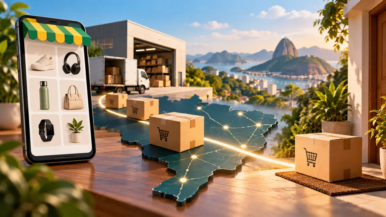 Ilustração de vitrine no celular, caixas de encomendas, depósito e mapa do Brasil com rotas de entrega.