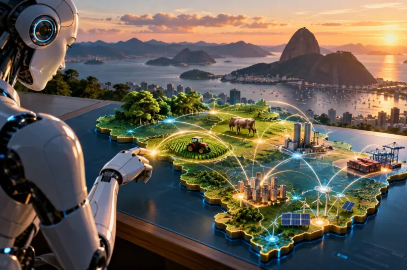 Ilustração de robô com tablet diante de um mapa do Brasil com conexões, cidades e áreas agrícolas.
