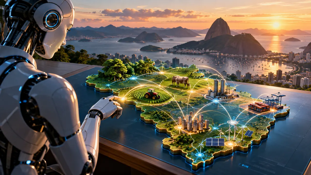 Ilustração de robô com tablet diante de um mapa do Brasil com conexões, cidades e áreas agrícolas.