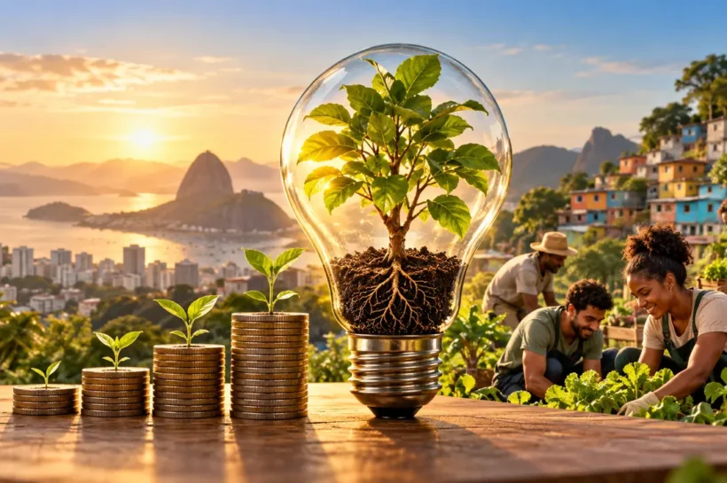Ilustração de planta dentro de uma lâmpada, pilhas de moedas e pessoas cultivando uma horta comunitária.