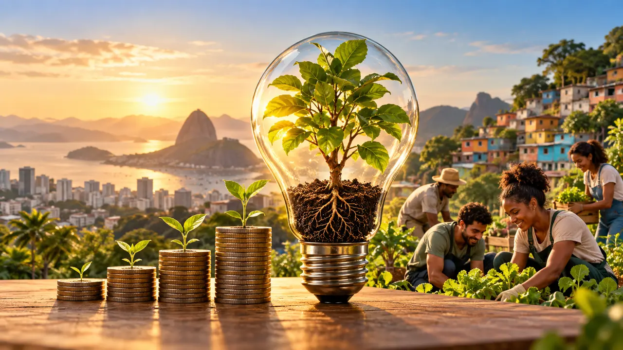 Ilustração de planta dentro de uma lâmpada, pilhas de moedas e pessoas cultivando uma horta comunitária.
