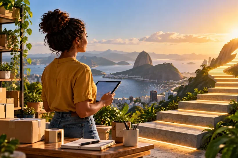 Ilustração de mulher com tablet diante de uma escada que sobe até uma seta luminosa.