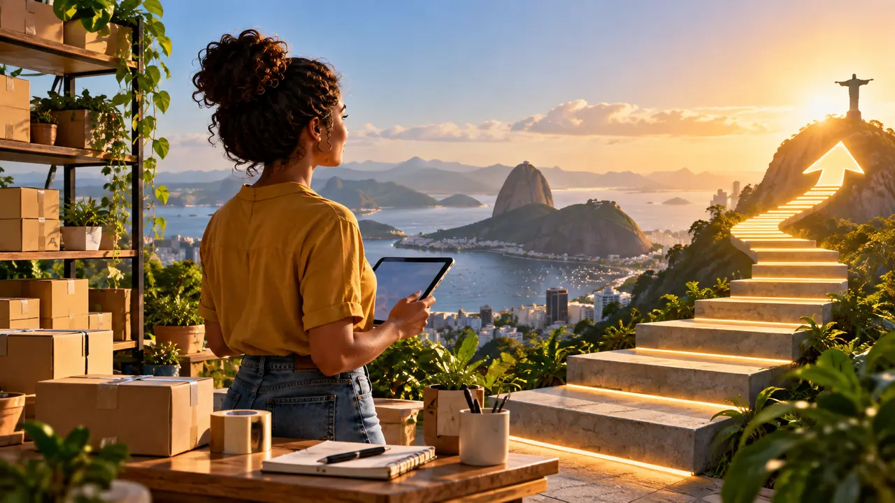Ilustração de mulher com tablet diante de uma escada que sobe até uma seta luminosa.