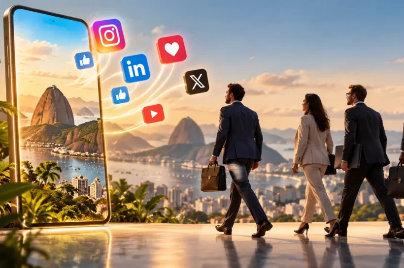 Ilustração de pessoas caminhando em direção a um celular com símbolos de redes sociais.