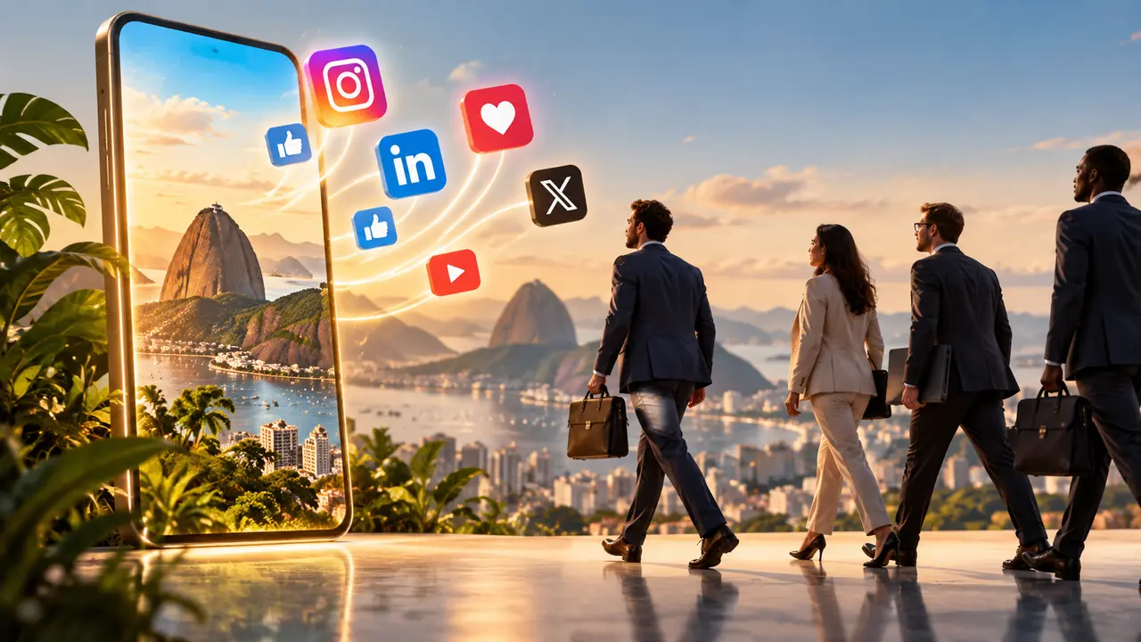Ilustração de pessoas caminhando em direção a um celular com símbolos de redes sociais.