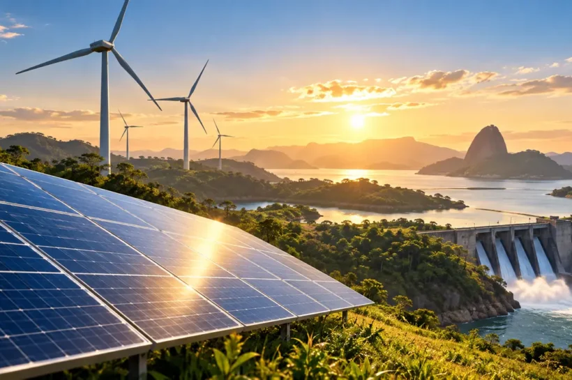 Ilustração de painéis solares, turbinas eólicas e barragem em uma paisagem verde ao pôr do sol.