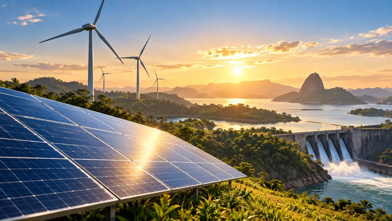 Ilustração de painéis solares, turbinas eólicas e barragem em uma paisagem verde ao pôr do sol.