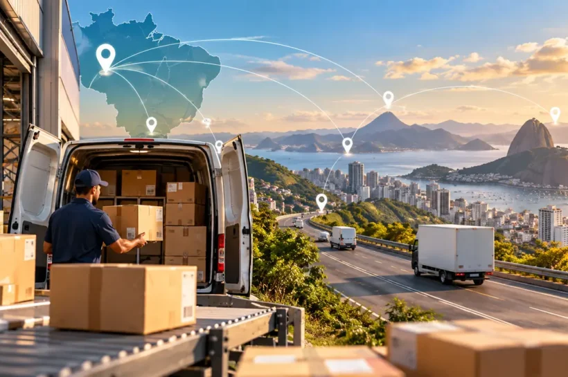 Ilustração de preparação de caixas para transporte, com van, caminhões e um mapa de rotas ao fundo.