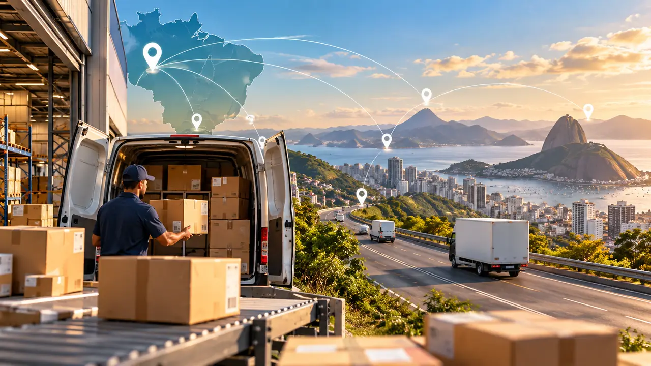 Ilustração de preparação de caixas para transporte, com van, caminhões e um mapa de rotas ao fundo.