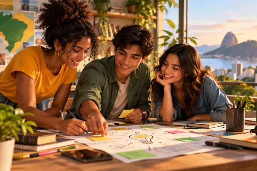 Ilustração de três jovens planejando ideias com anotações, desenhos e tablet sobre a mesa.