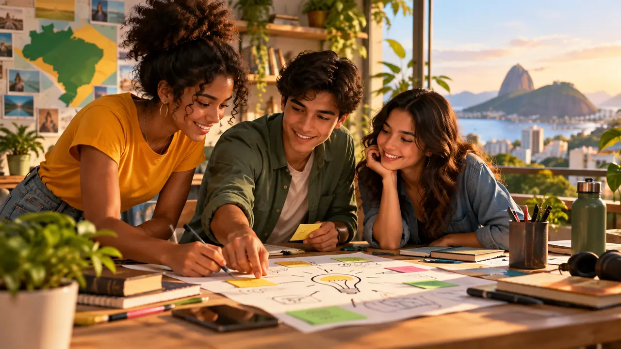 Ilustração de três jovens planejando ideias com anotações, desenhos e tablet sobre a mesa.