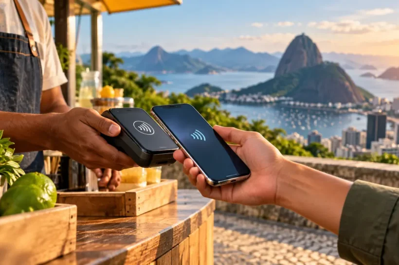 Ilustração de cliente aproximando o celular de uma máquina de cartão no balcão de uma feira.