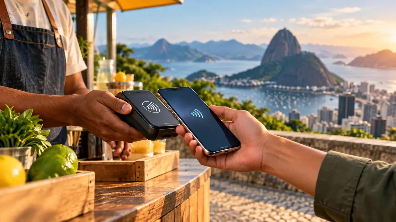 Ilustração de cliente aproximando o celular de uma máquina de cartão no balcão de uma feira.