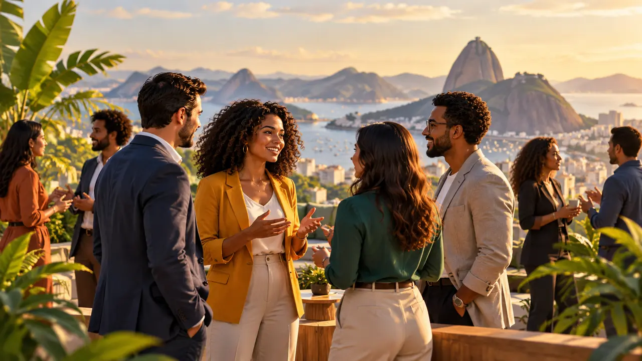 Ilustração de pessoas conversando em um encontro profissional ao ar livre.