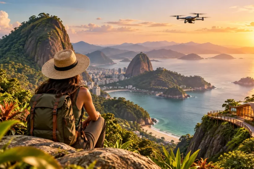 Ilustração de viajante com mochila observando uma paisagem de montanhas, com drone e passarela ao fundo.