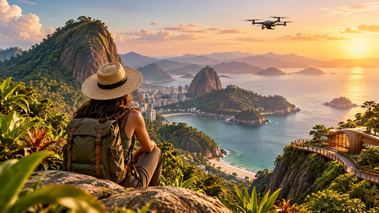 Ilustração de viajante com mochila observando uma paisagem de montanhas, com drone e passarela ao fundo.
