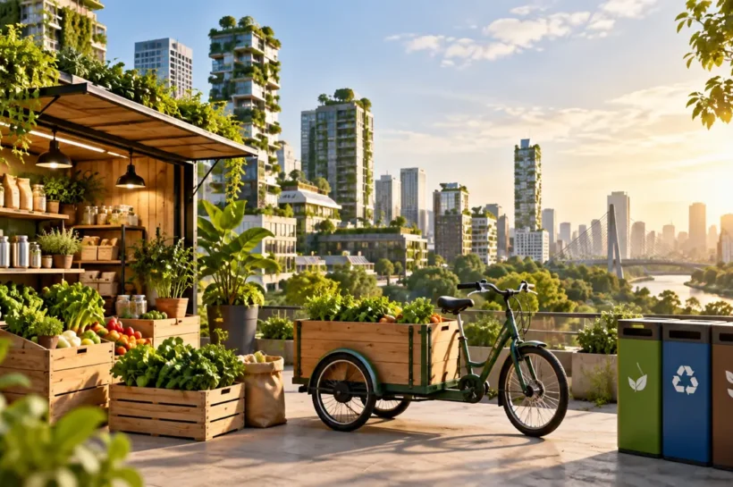 Ilustração de banca com vegetais, bicicleta de carga e lixeiras de reciclagem em uma cidade arborizada.