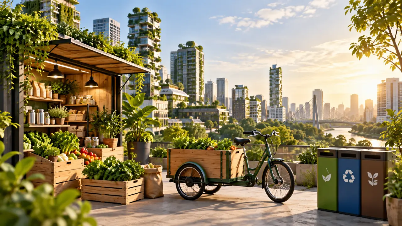 Ilustração de banca com vegetais, bicicleta de carga e lixeiras de reciclagem em uma cidade arborizada.