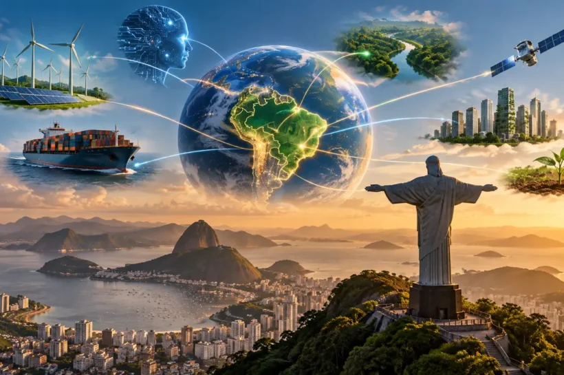 Ilustração de globo terrestre ligado a navio, turbinas eólicas, satélite, cidade e vegetação.