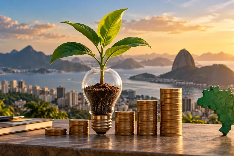 Ilustração de muda crescendo dentro de uma lâmpada, ao lado de pilhas de moedas e de um mapa do Brasil.