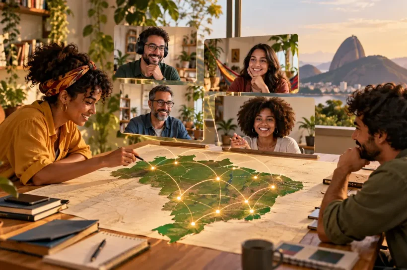 Ilustração de duas pessoas à mesa com um mapa do Brasil e telas de videoconferência ao fundo.