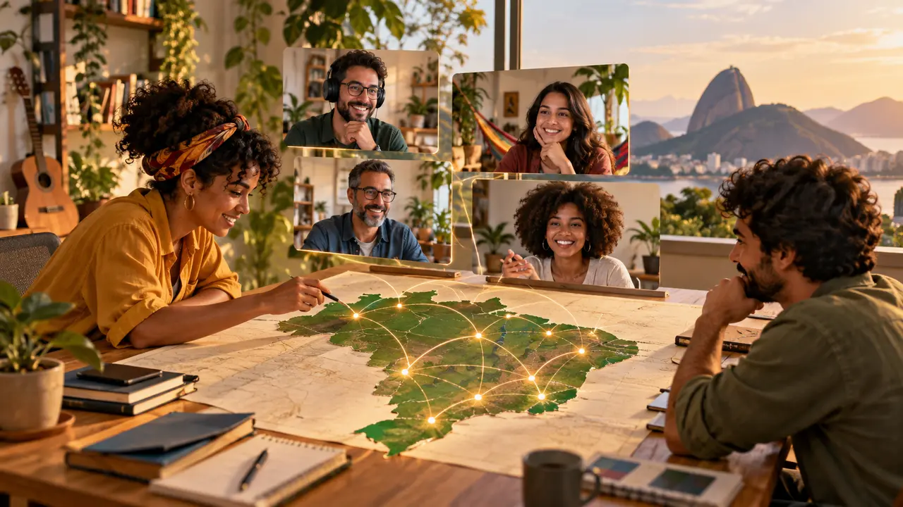 Ilustração de duas pessoas à mesa com um mapa do Brasil e telas de videoconferência ao fundo.