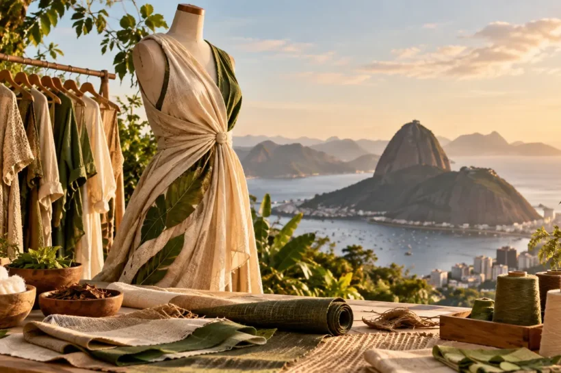 Ilustração de vestido em um manequim, com tecidos, carretéis e materiais de costura sobre a mesa.