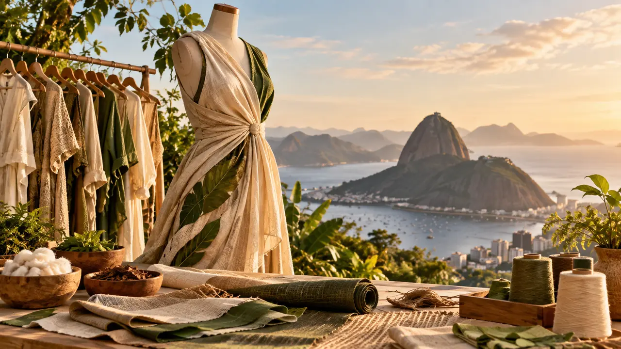 Ilustração de vestido em um manequim, com tecidos, carretéis e materiais de costura sobre a mesa.