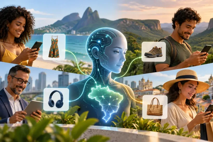 Ilustração de pessoas consultando produtos no celular, conectadas a uma figura digital com o mapa do Brasil.