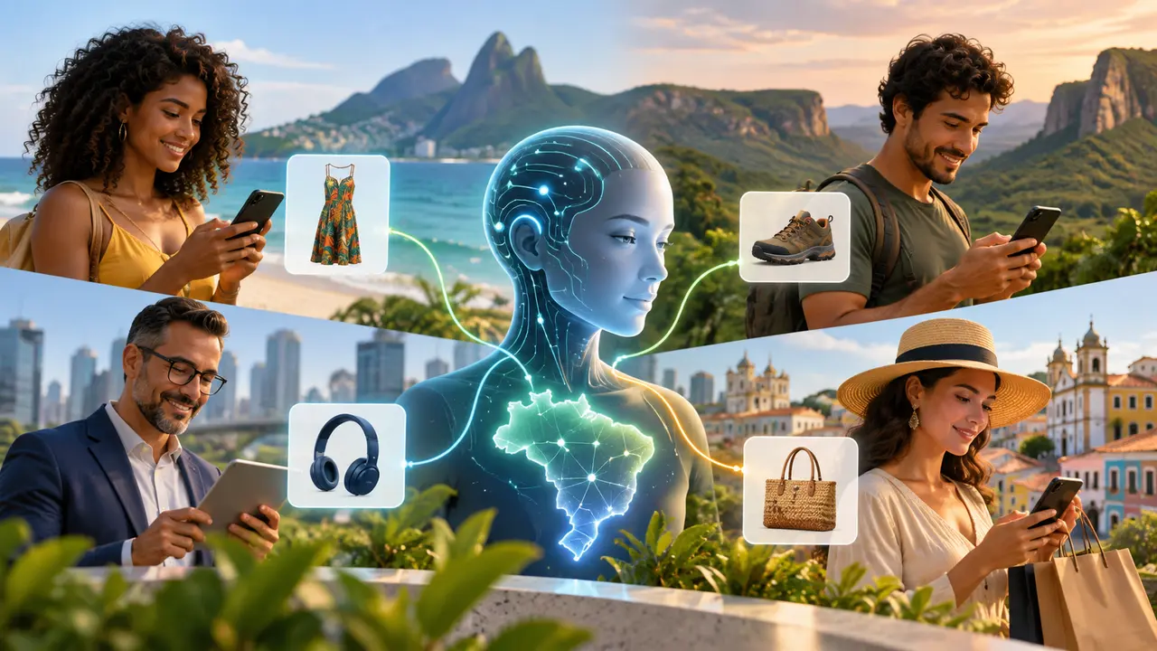 Ilustração de pessoas consultando produtos no celular, conectadas a uma figura digital com o mapa do Brasil.