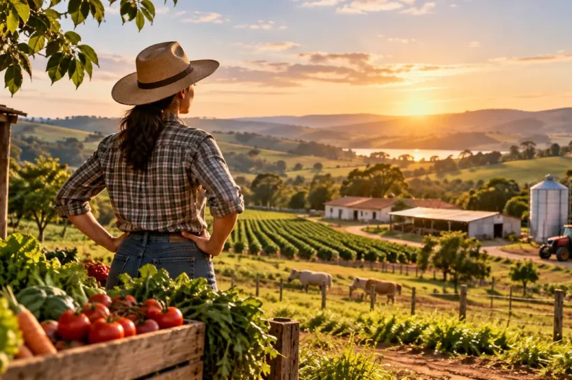 Ilustração de mulher observando uma propriedade rural com plantação, animais, galpão e trator.