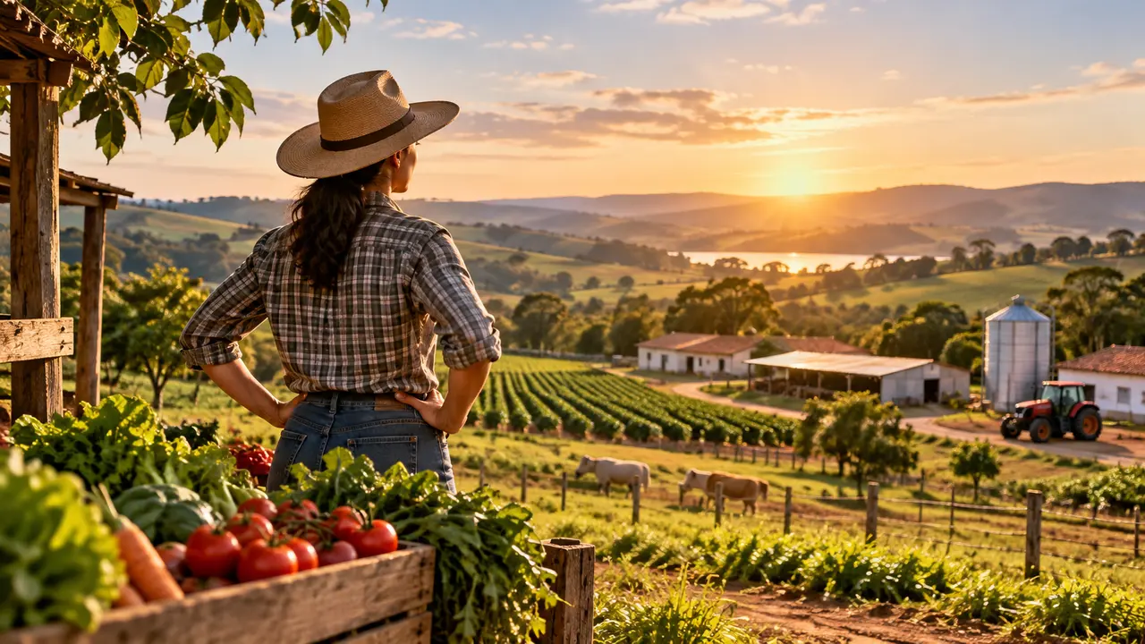 Ilustração de mulher observando uma propriedade rural com plantação, animais, galpão e trator.