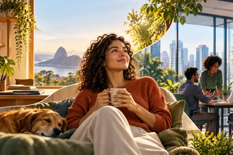 Ilustração de mulher com uma xícara e um cachorro, enquanto outras pessoas trabalham ao fundo.
