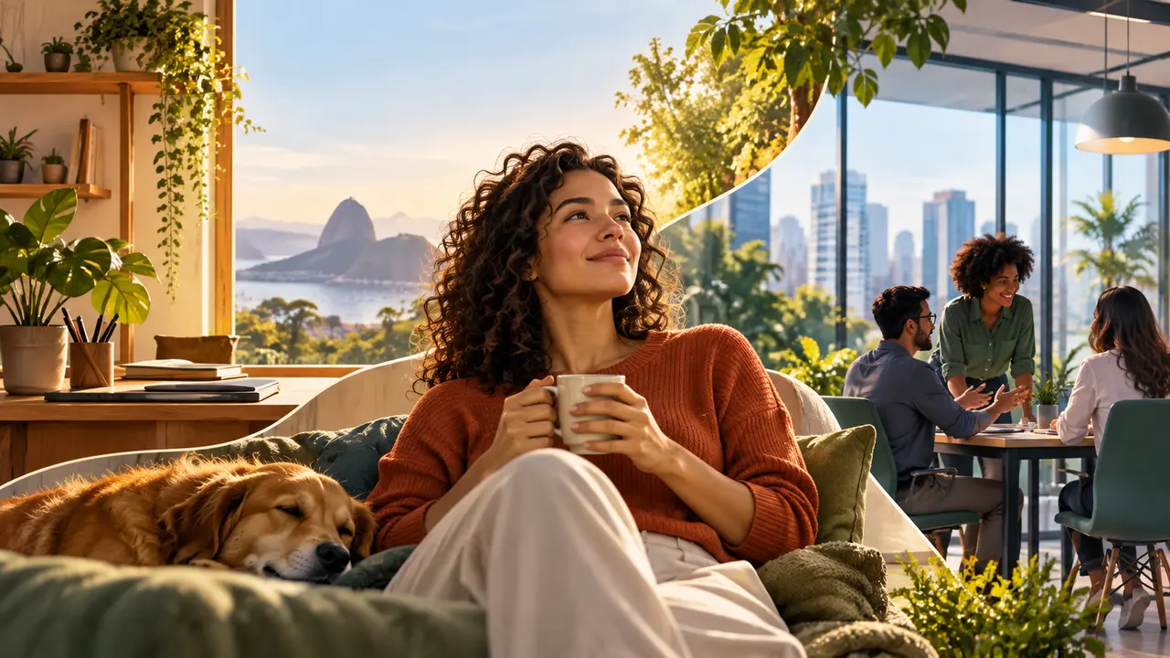 Ilustração de mulher com uma xícara e um cachorro, enquanto outras pessoas trabalham ao fundo.
