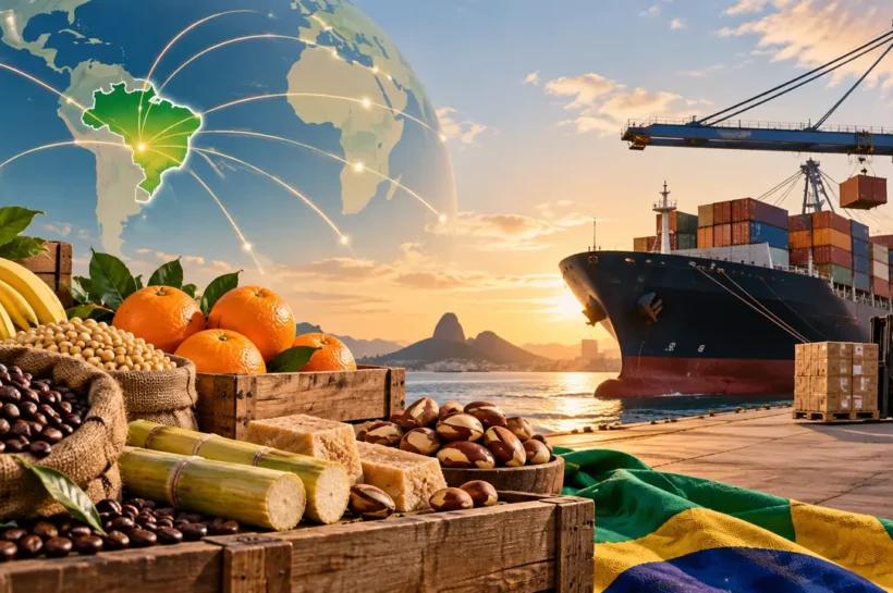 Ilustração de alimentos e produtos agrícolas junto a contêineres, navio cargueiro e globo conectado ao Brasil.