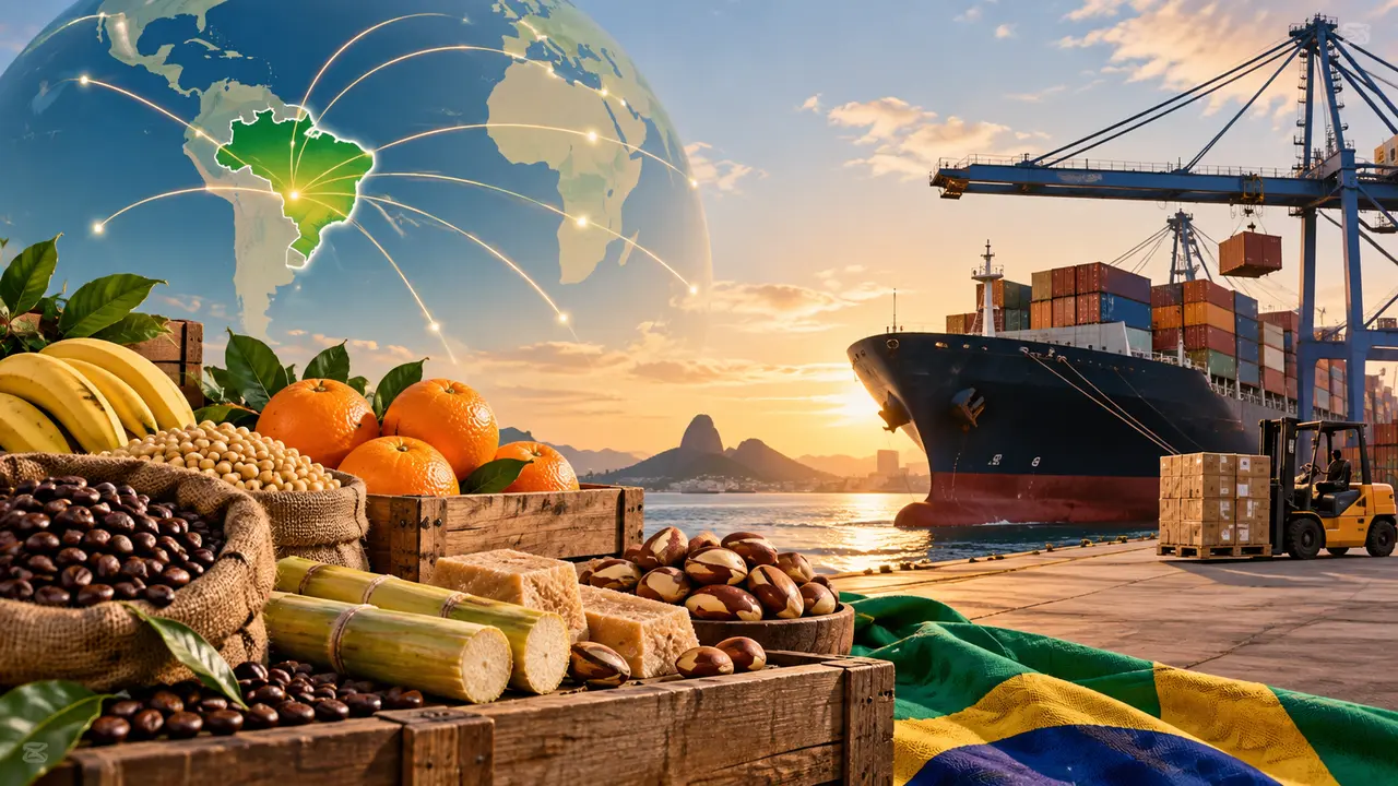 Ilustração de alimentos e produtos agrícolas junto a contêineres, navio cargueiro e globo conectado ao Brasil.
