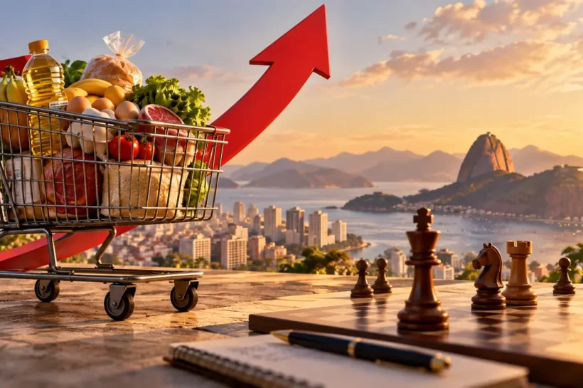 Ilustração de carrinho de supermercado com alimentos e seta ascendente, ao lado de peças de xadrez.