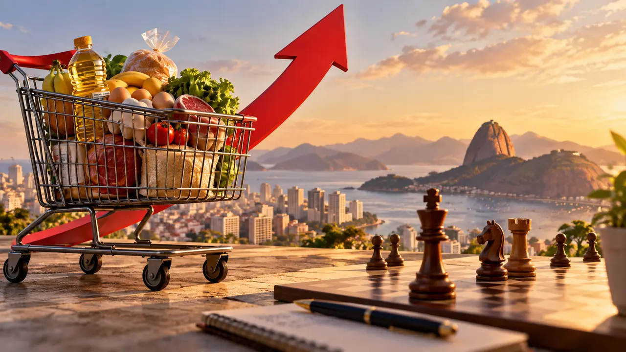 Ilustração de carrinho de supermercado com alimentos e seta ascendente, ao lado de peças de xadrez.