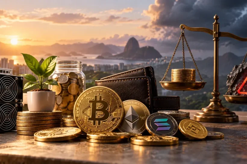 Ilustração de moedas digitais, carteira, balança, equipamento de computador e símbolo de alerta.