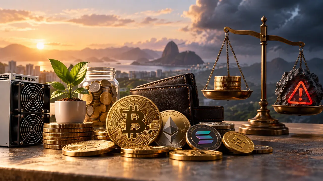 Ilustração de moedas digitais, carteira, balança, equipamento de computador e símbolo de alerta.