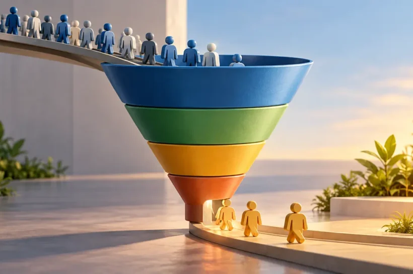Ilustração de funil colorido com pequenas figuras de pessoas entrando pelo topo e saindo pela base.
