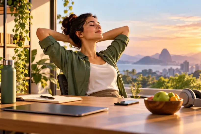 Ilustração de mulher fazendo uma pausa e alongando os braços em uma mesa com notebook e frutas.