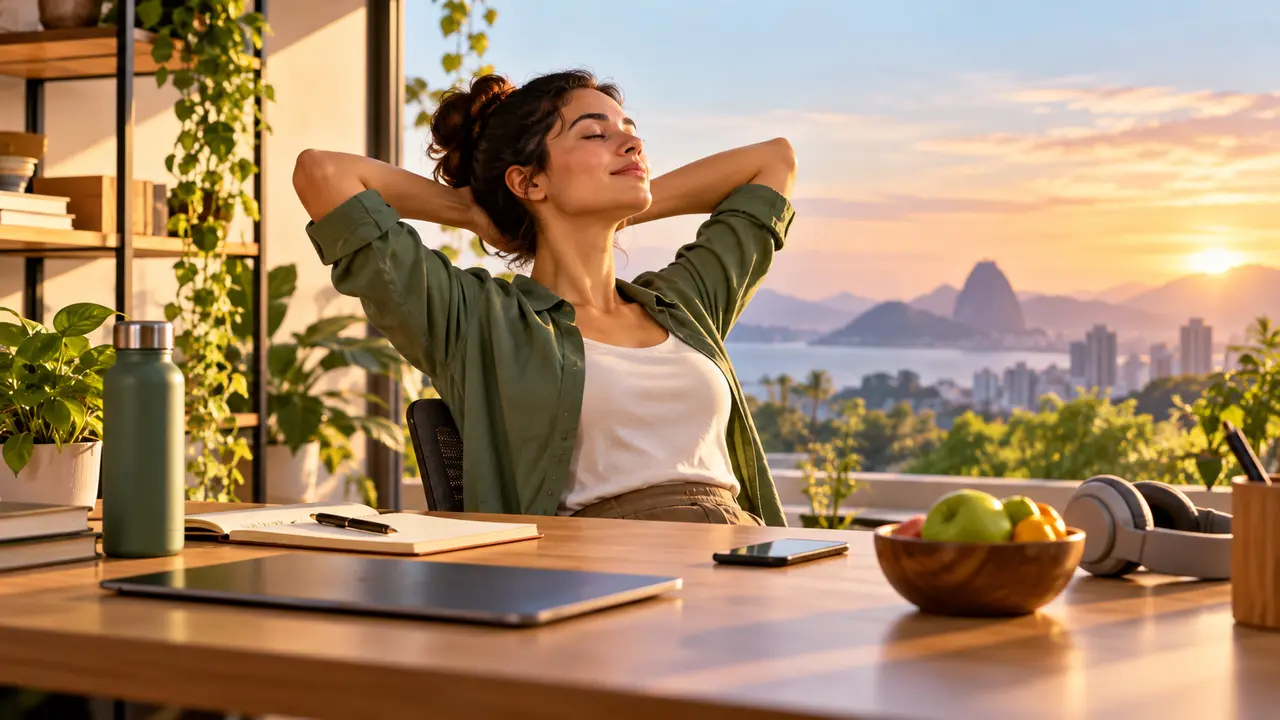 Ilustração de mulher fazendo uma pausa e alongando os braços em uma mesa com notebook e frutas.