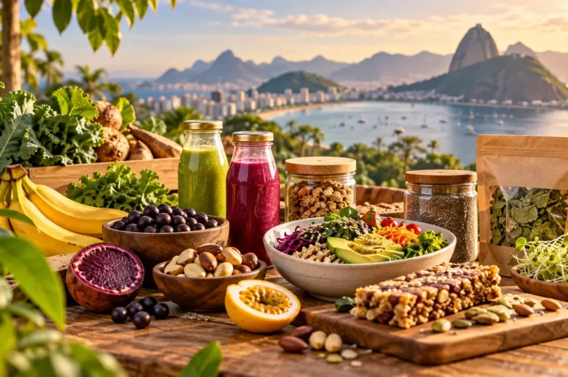 Ilustração de frutas, verduras, sucos, castanhas e alimentos embalados sobre uma mesa.