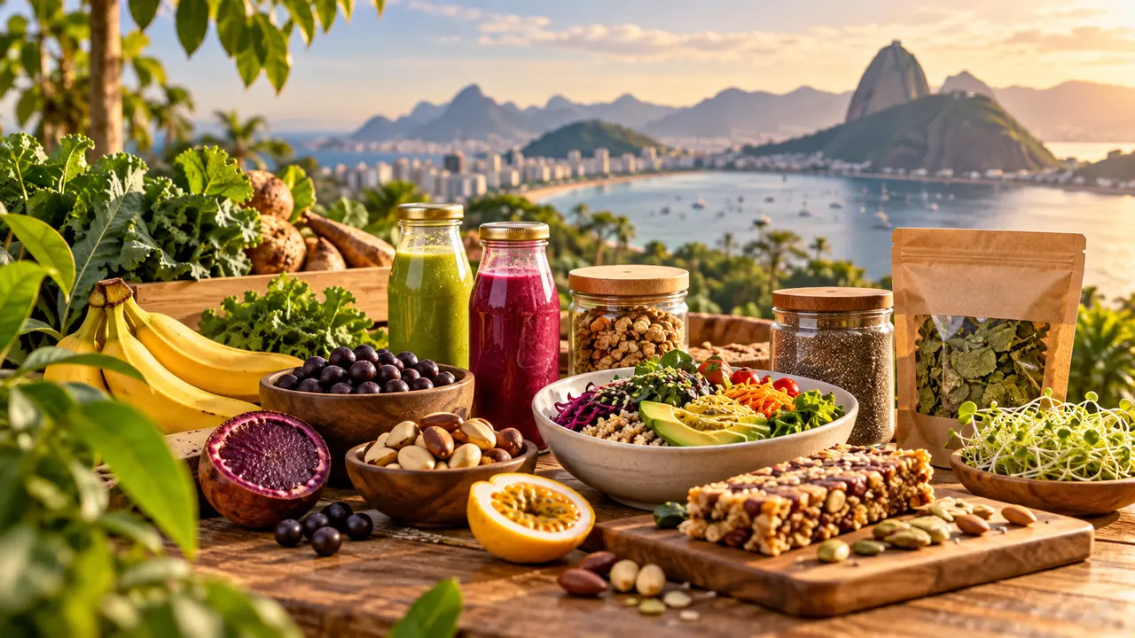 Ilustração de frutas, verduras, sucos, castanhas e alimentos embalados sobre uma mesa.
