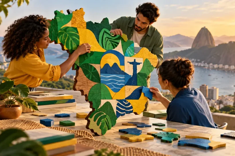 Ilustração de três pessoas montando peças coloridas de um mapa do Brasil sobre uma mesa.
